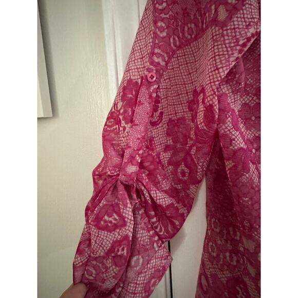 YOANA BARASCHI Fuschia Floral Blouse Tunic Long Tab-Sleeve Lace Print Sz Small - Picture 4 of 5